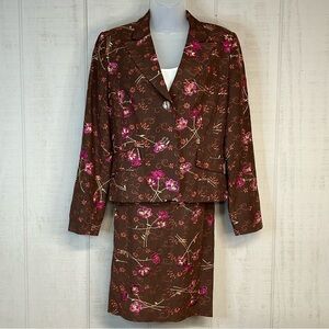 Womens Matching Blazer Skirt Set Petite Size 10P‎ Silk Linen Embroidered Floral
